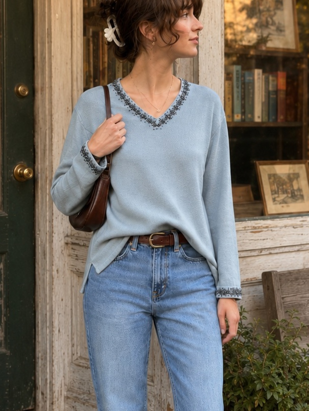 NWT Vintage Koret Beaded Tunic Sweater Blue Mist Cozy V Neck Petite M PM
